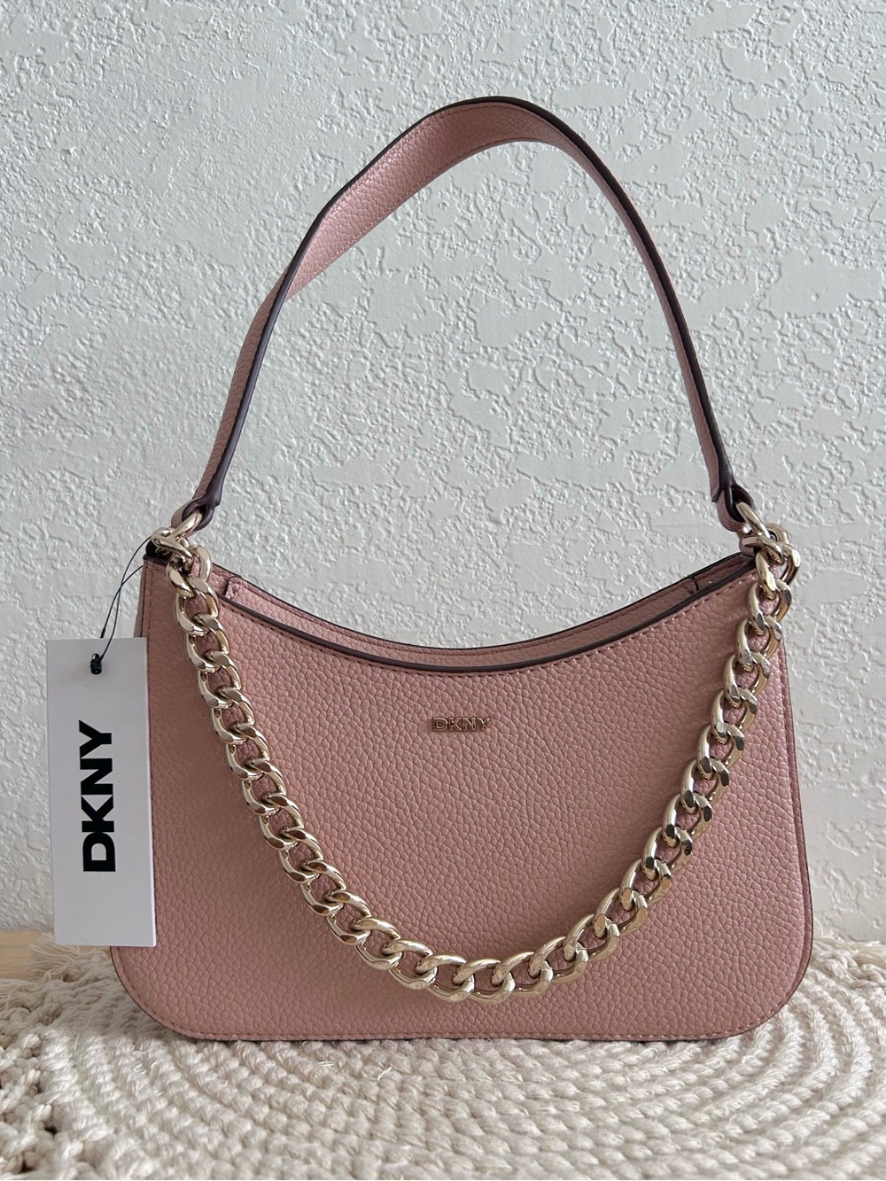 DKNY Y2K Style Blush Pink Pebbled Leather Ash Demi Baguette Shoulder Bag
